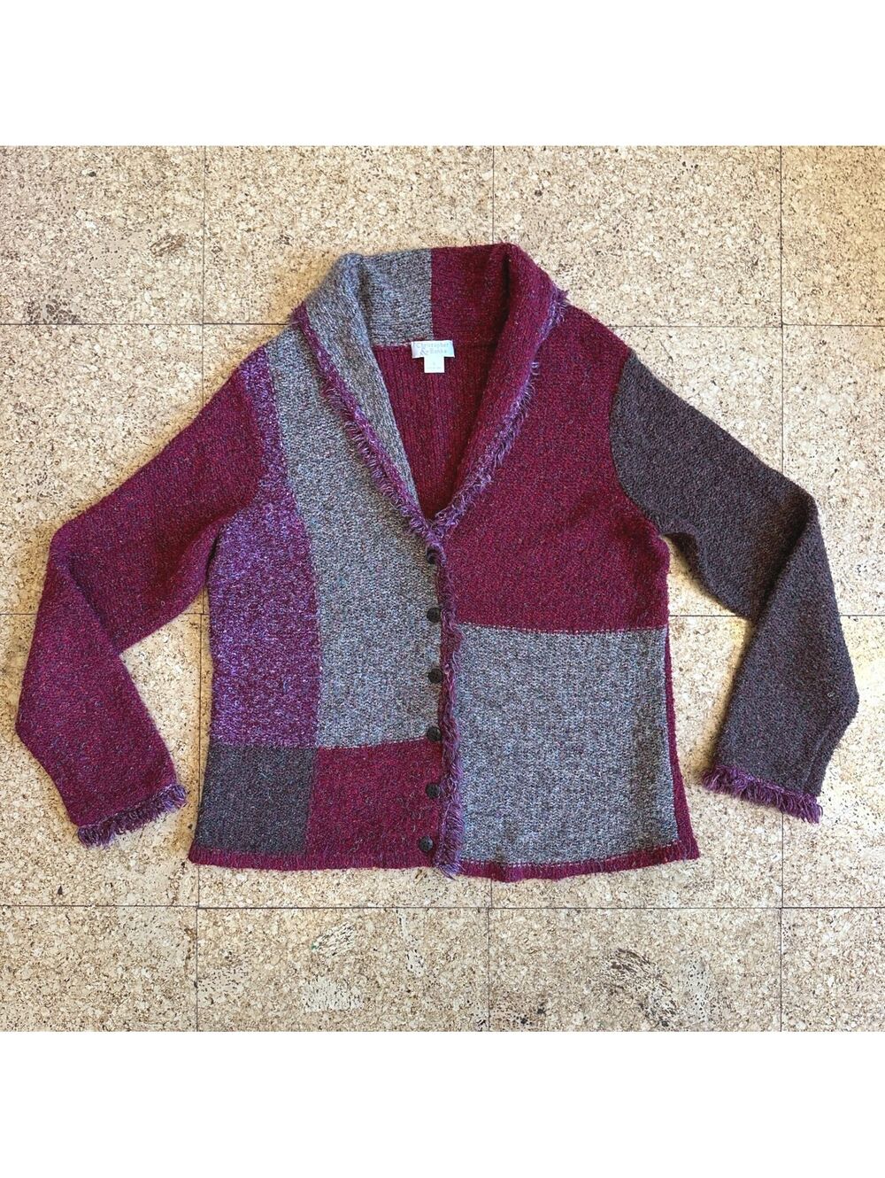 Button Up Cardigan Sweater SMALL Cranberry Colorblock Fringe Christopher & Banks